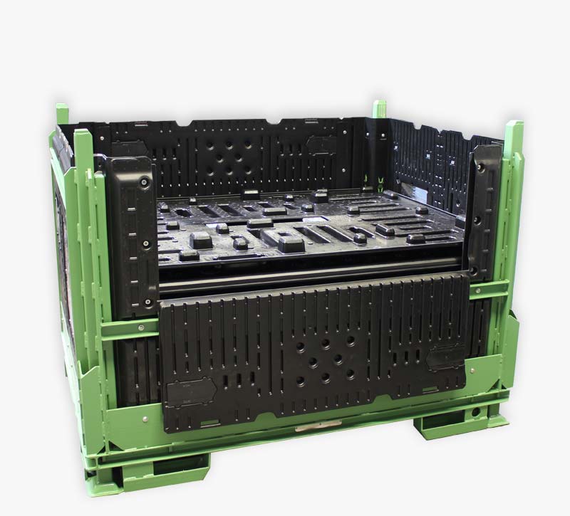 Packaging unit for crankcases consisting of a stake rack, plastic sleeve, dividers and a lid (1600 x 1200 mm)